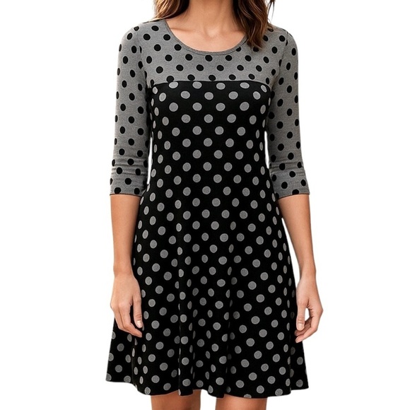 NINA LEONARD Dress Midi Super full Black Gray Polkadot Pullover Scoop neck M - Picture 1 of 5